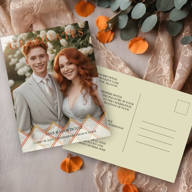 Carte Postale Red Orange Overlay Transparency Shapes Photo Grads (Red Orange Shades Overlay Transparency Shapes Photo Two Graduates Postcard Invitation.)