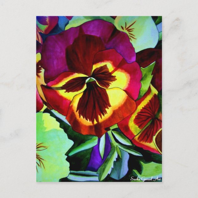Carte Postale Red pansies watercolor flower original art (Devant)