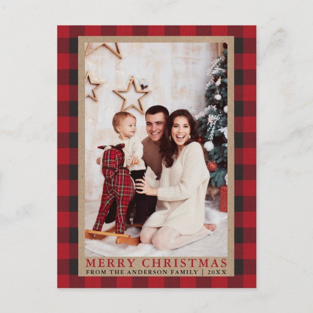 Carte Postale Red Plaid Family Photo Joyeux Noël Kraft (Devant)