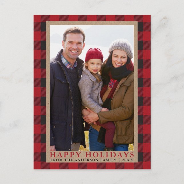 Carte Postale Red Plaid Family Photo Joyeux Vacances Kraft (Devant)