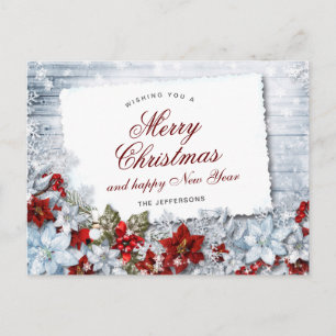 Carte Postale Red Poinsettia Holly Salutation de Noël rustique