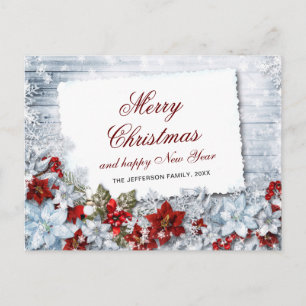 Carte Postale Red Poinsettia Holly Salutation de Noël rustique