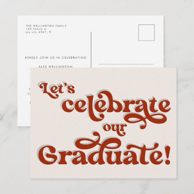 Carte Postale Red Retro Inspiré Typographie Partie de graduation (Devant / Derrière)