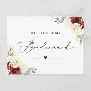 Carte Postale Red White Floral Be My Bridesmaid Proposition Card
