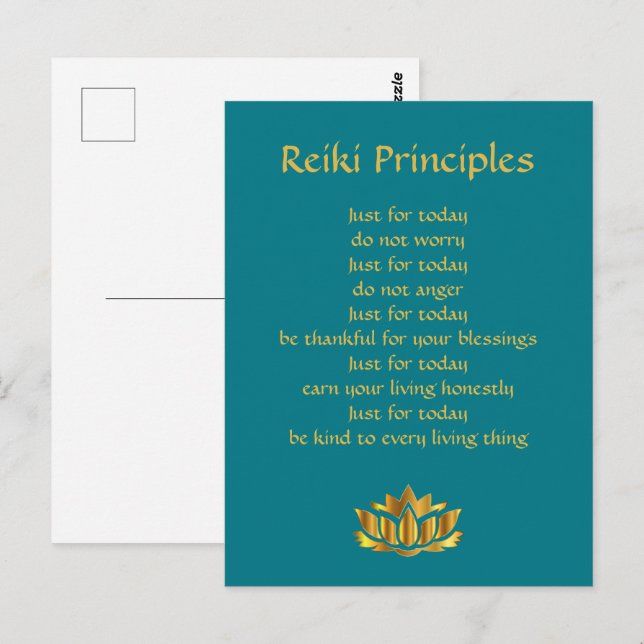Carte Postale Reiki Principes Turquoise/Gold Lotus (Devant / Derrière)