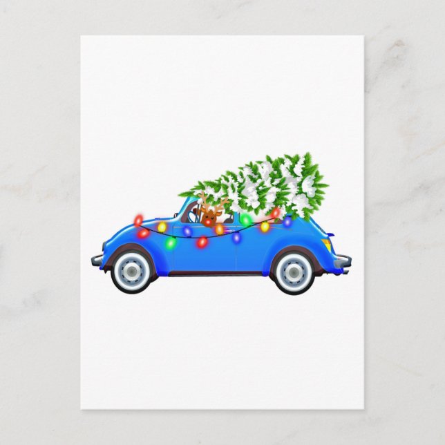 Carte Postale Reindeer driving a beetle with christmas treeb (Devant)
