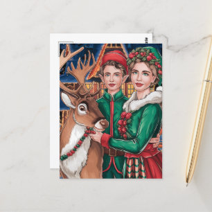 Carte Postale Reindeer et deux de Père Noël Helpers