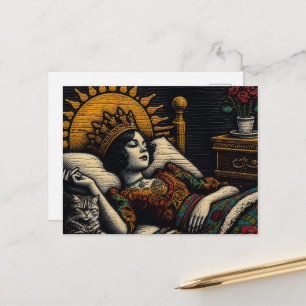 Carte Postale Reine de conte de fée et son chat au lit