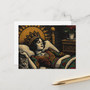 Carte Postale Reine de la gravure sur bois et son chat au lit