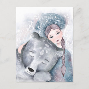 Carte Postale Reine des neiges et ours polaire dans l'aquarelle 