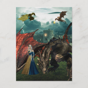 Carte Postale Reine Dragons Wyvern Respiration de feu Château