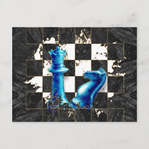 Carte Postale Reine et Cavalier d'échecs - Marbre Bleu