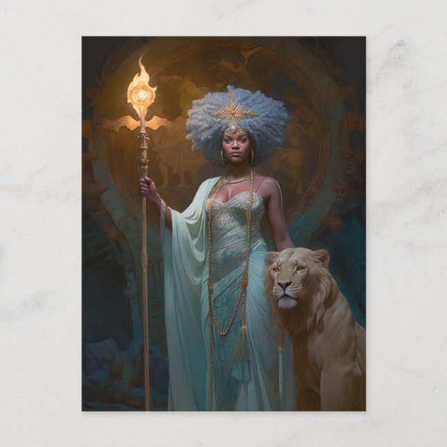 Carte Postale Reine noire avec Imaginaire Lion Art (Devant)