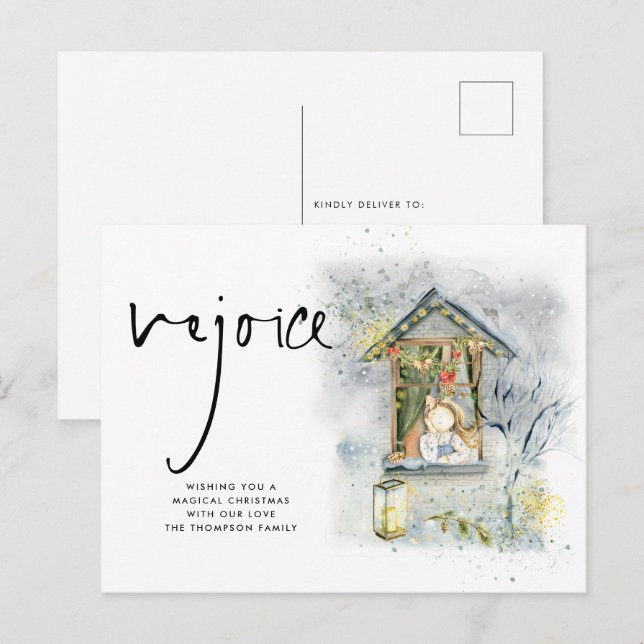 Carte Postale Rejoice Script Christmas Girl at Window (Devant / Derrière)