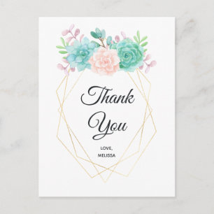 Carte Postale Remerciement à l'aquarelle de succulente rose et v