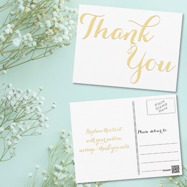 Carte Postale Remerciement Blanc Élégant Style Faux Or (Elegant Stylish Faux Gold Script White Thank You Postcard)