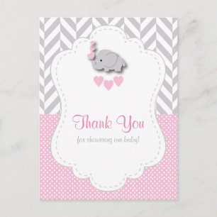 Carte Postale Remerciement de Baby Shower Éléphant Gris, Rose et