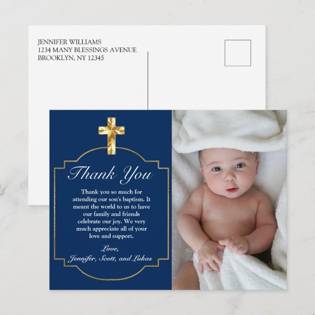 Carte Postale Remerciement de baptême pour garçon Croix dorée bl (Devant / Derrière)