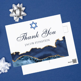 Carte Postale Remerciement de Bar Mitzvah personnalisé bleu mari