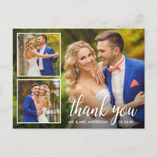 Carte Postale Remerciement de Collage Photo de Mariage Calligrap (Devant)
