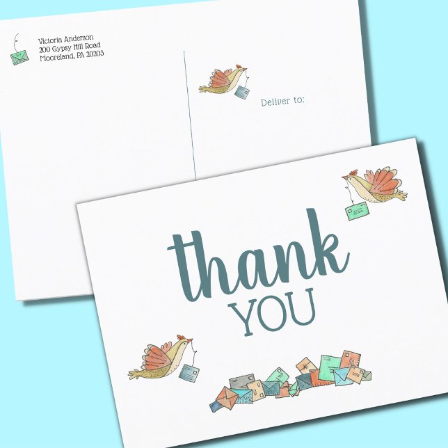 Carte Postale Remerciement de livraison de courrier par oiseau (Thank You Postcards (Matches the Sweet Birds Card Shower Invitation Suite))
