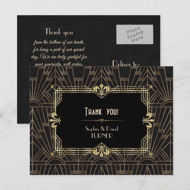 Carte Postale Remerciement de mariage Charm Or Noir Gatsby (Devant / Derrière)
