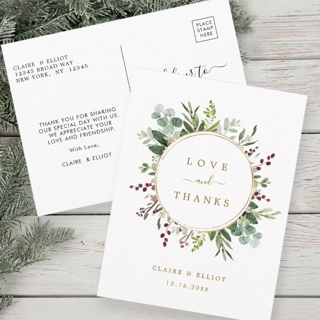 Carte Postale Remerciement de mariage de Noël Botanical Gold  (Front & Back)