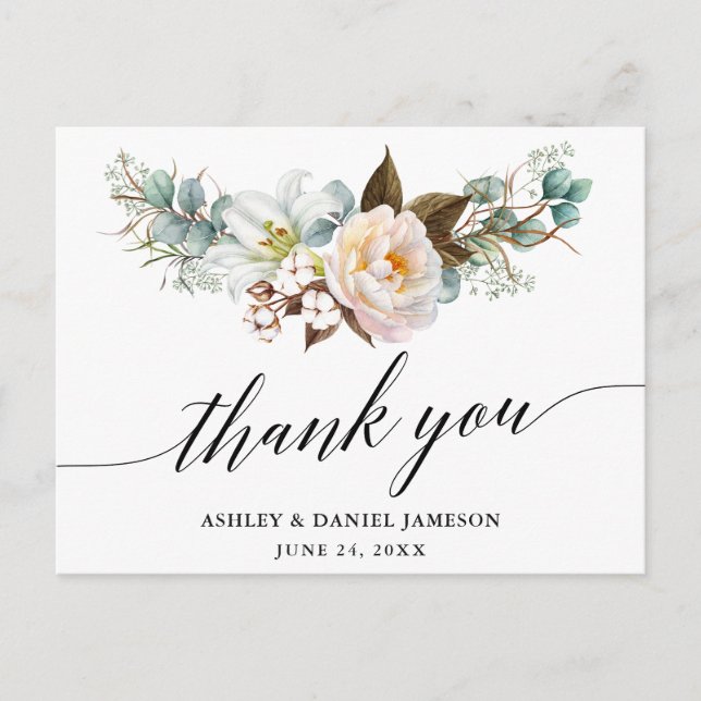 Carte Postale Remerciement de mariage en calligraphie florale bo (Devant)
