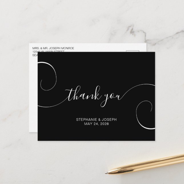 Carte Postale Remerciement de mariage en écriture cursive noire  (Devant/Arrière en situation)