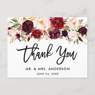 Carte Postale Remerciement de mariage floral bordeaux écriture p