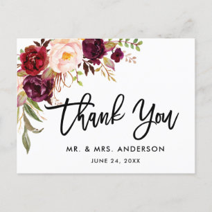 Carte Postale Remerciement de mariage floral bordeaux écriture p