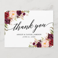 Remerciement de mariage floral burgogne calligraph