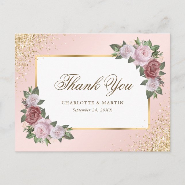 Carte Postale Remerciement de mariage floral de confettis rose e (Devant)