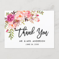 Remerciement de mariage floral rose écriture pince