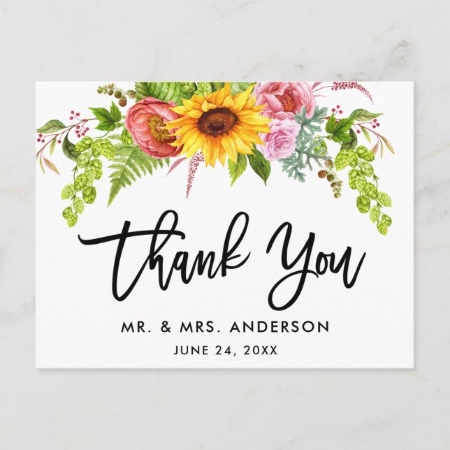 Carte Postale Remerciement de mariage floral tournesol écriture  (Devant)