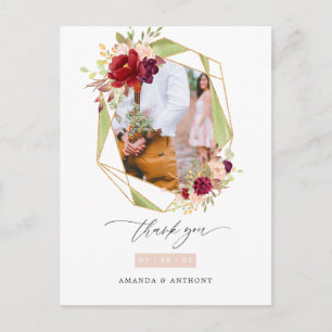 Carte Postale Remerciement de mariage géométrique Bourgogne et r