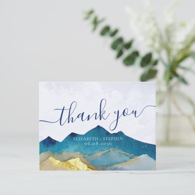 Carte Postale Remerciement de mariage Montagnes Bleues et Or à l (Debout devant)