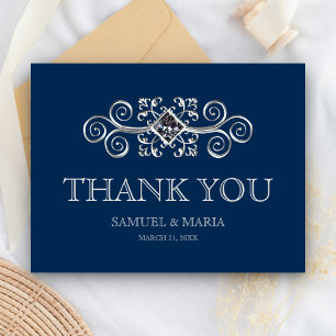 Carte Postale Remerciement de mariage Navy Blue Silver Flourish
