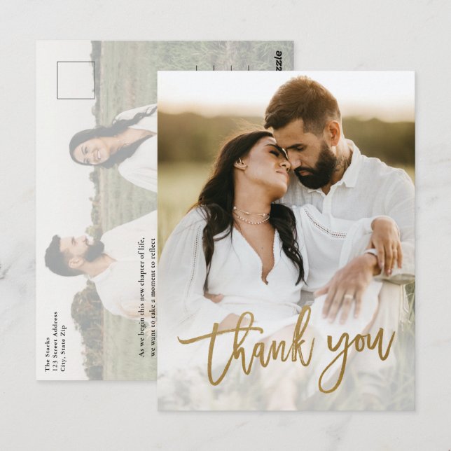 Carte Postale Remerciement de mariage photo moderne écriture or  (Devant / Derrière)