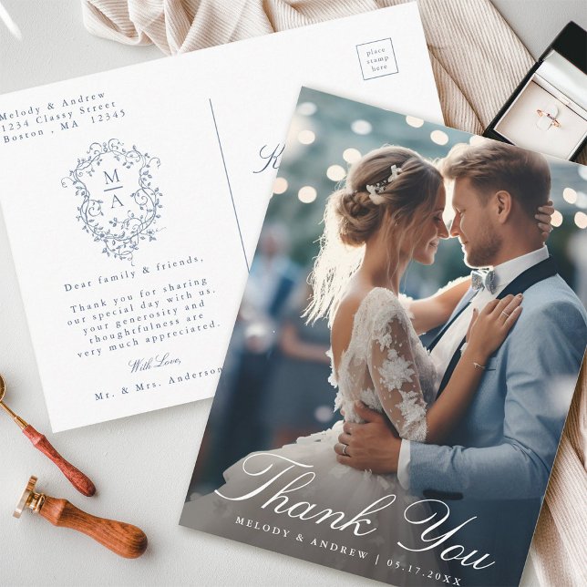Carte Postale Remerciement de photo de mariage à crête florale b (Front & Back)