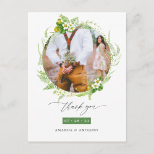 Carte Postale Remerciement de photo de mariage à la gouache vert