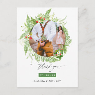 Carte Postale Remerciement de photo de mariage à la gouache vert