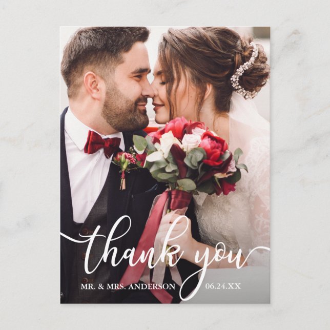Carte Postale Remerciement de photo de mariage à l'écriture blan (Devant)