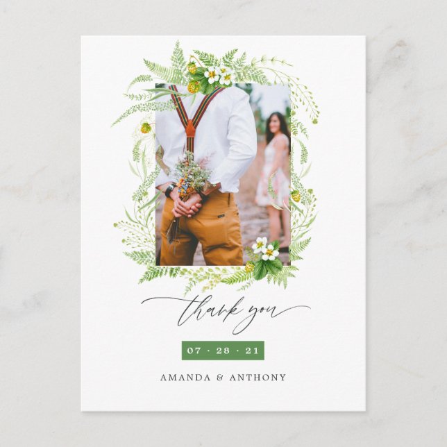 Carte Postale Remerciement de photo de mariage avec verdure bois (Devant)