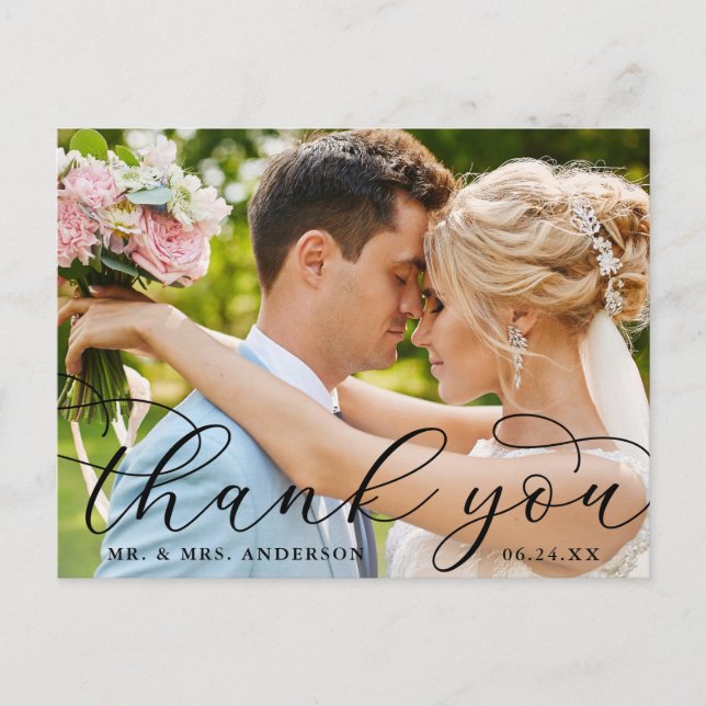 Carte Postale Remerciement de photo de mariage de calligraphie é (Devant)
