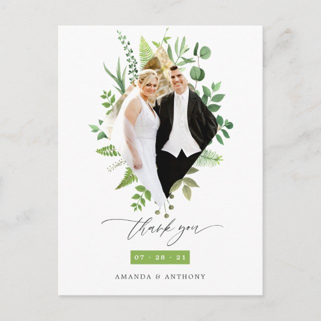 Carte Postale Remerciement de photo de mariage de la forêt verdo (Devant)