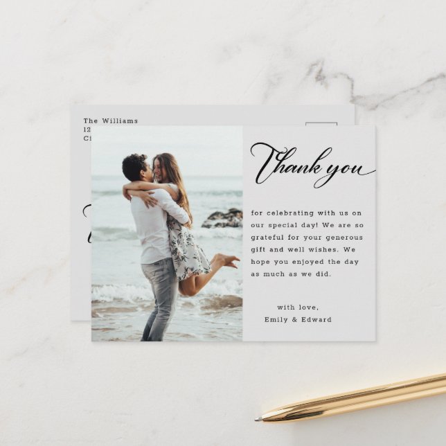 Carte Postale Remerciement de photo de mariage de script minimal (Devant/Arrière en situation)