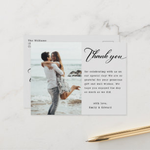 Carte Postale Remerciement de photo de mariage de script minimal