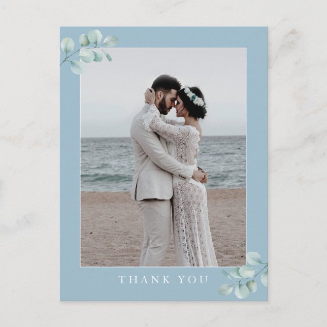Carte Postale Remerciement de photo de mariage Eucalyptus Bleu P (Devant)