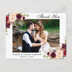 Carte Postale Remerciement de photo de mariage floral bordeaux